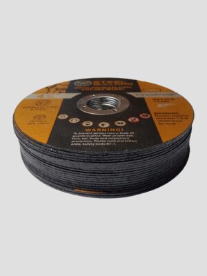 A Black Grinding Wheel Featuring a Prominent Yellow Label, Designed for Industrial or Workshop Use.