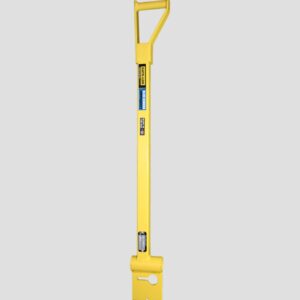 A Yellow Tool With a Handle Positioned Against a Gray Background, Showcasing Its Vibrant Color and Design.
